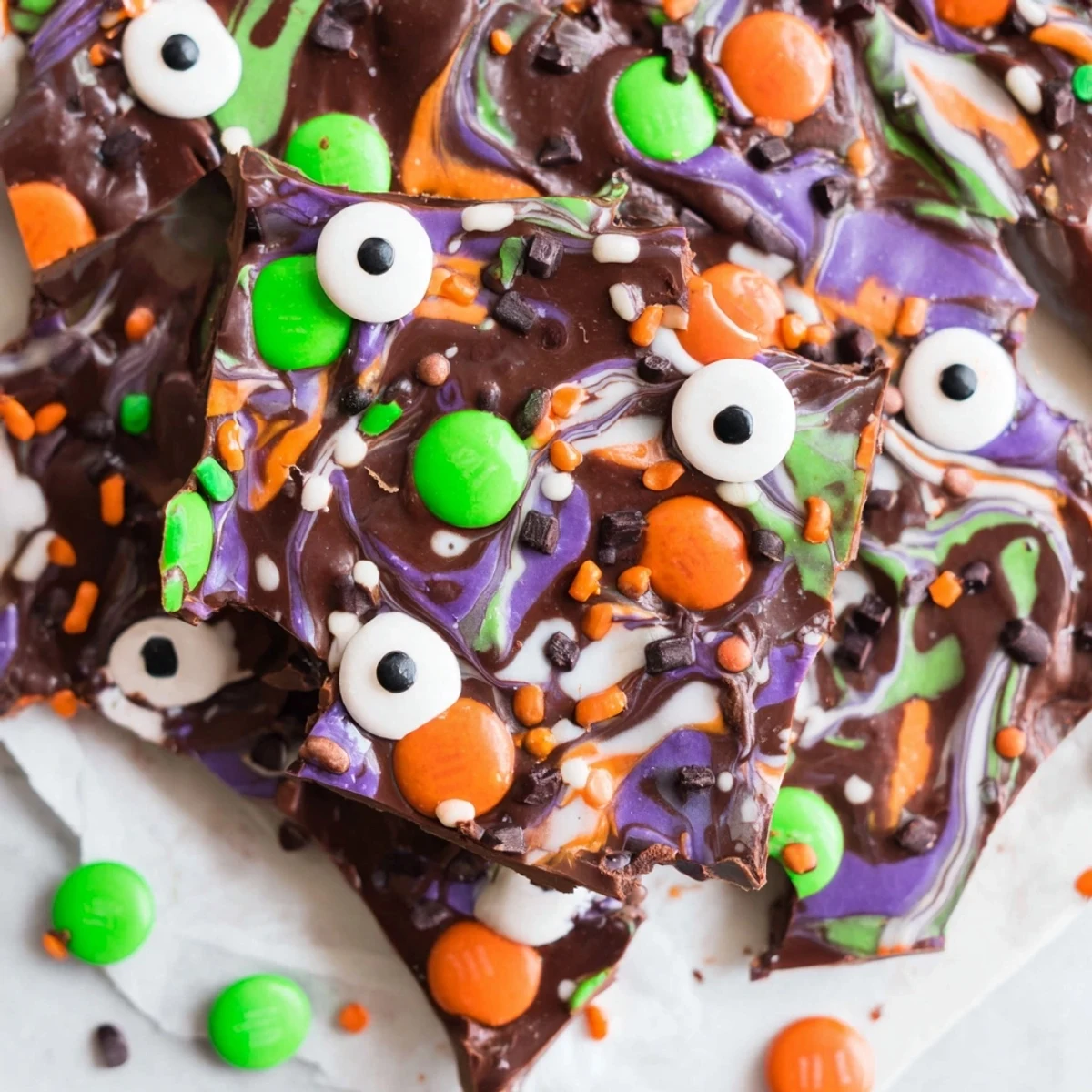 Melting Witches Bark with swirled chocolates and candy eyes on parchment