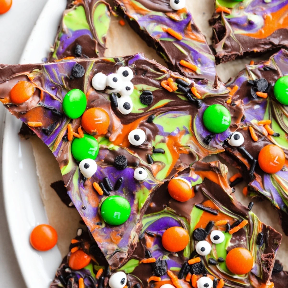 Colorful Melting Witches Bark pieces scattered with Halloween sprinkles and chocolates