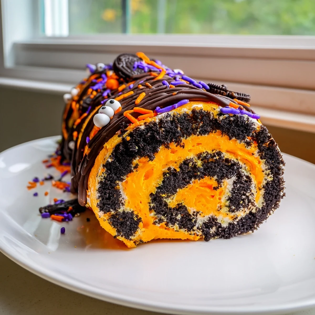 Halloween Oreo Roll chilled log drizzled with chocolate and topped with festive purple and black sprinkles.
