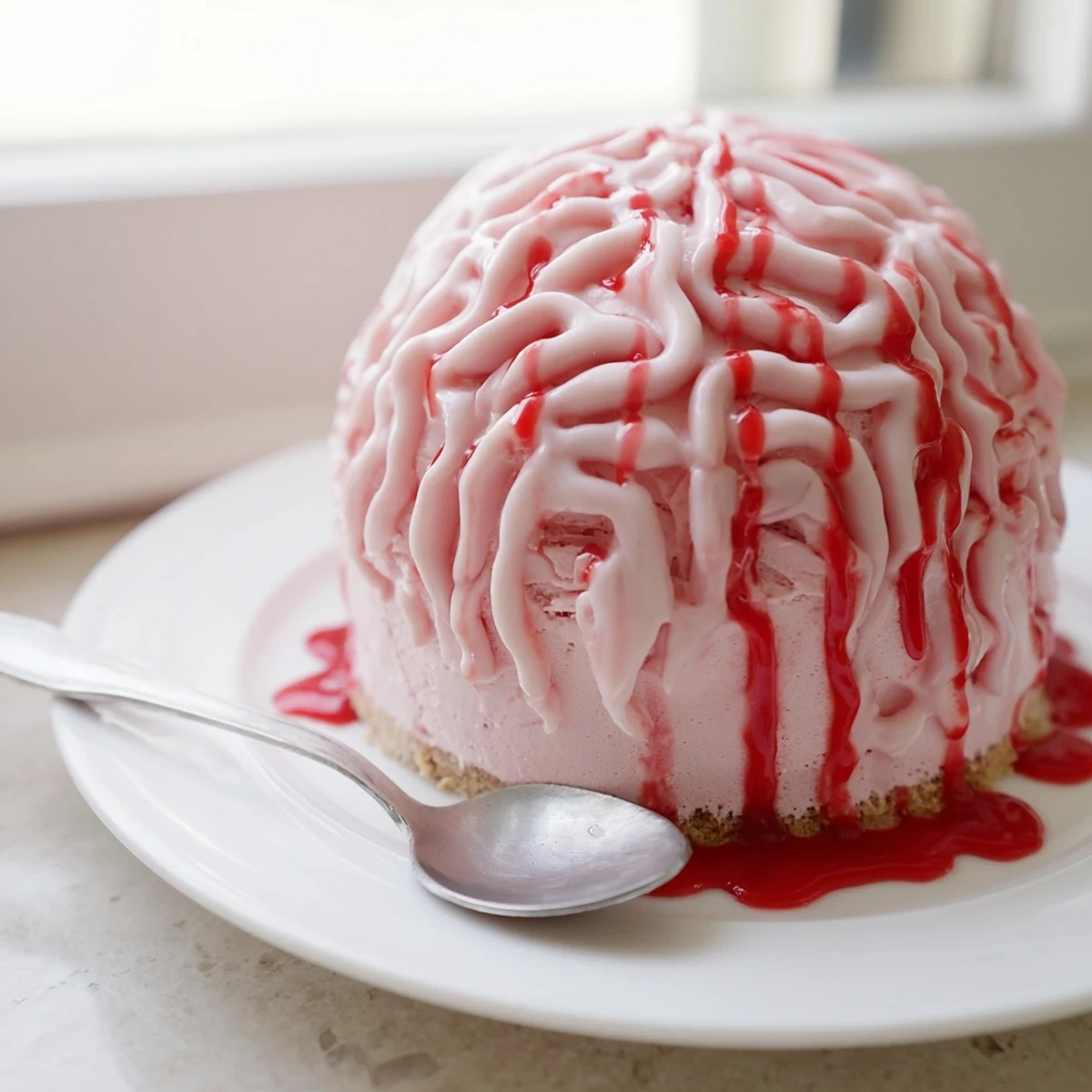 Creepy no bake strawberry cheesecake brain with pink chocolate folds and red coulis drizzle on a dark plate