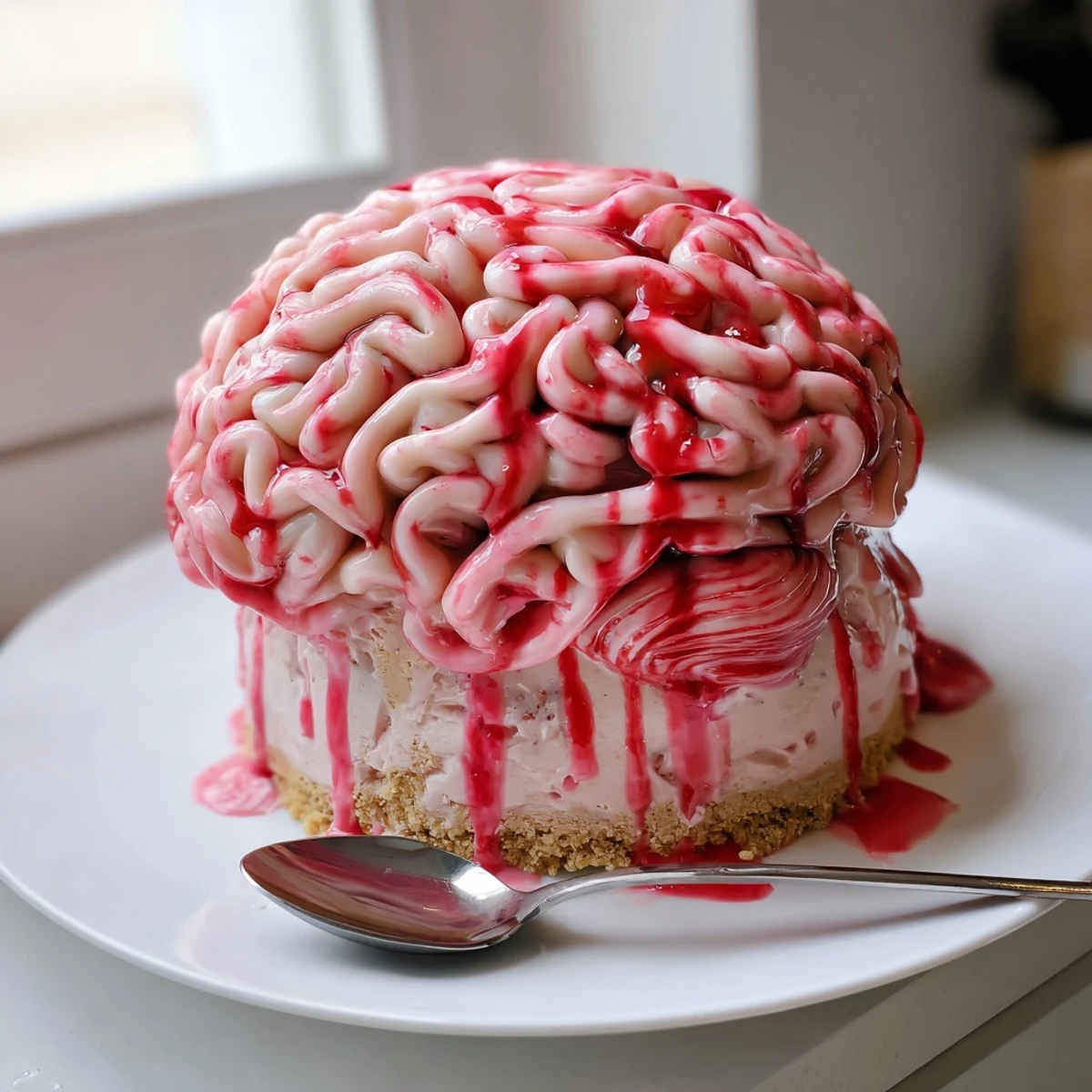 Slice of no bake strawberry cheesecake brain revealing creamy pink strawberry filling and graham cracker crust