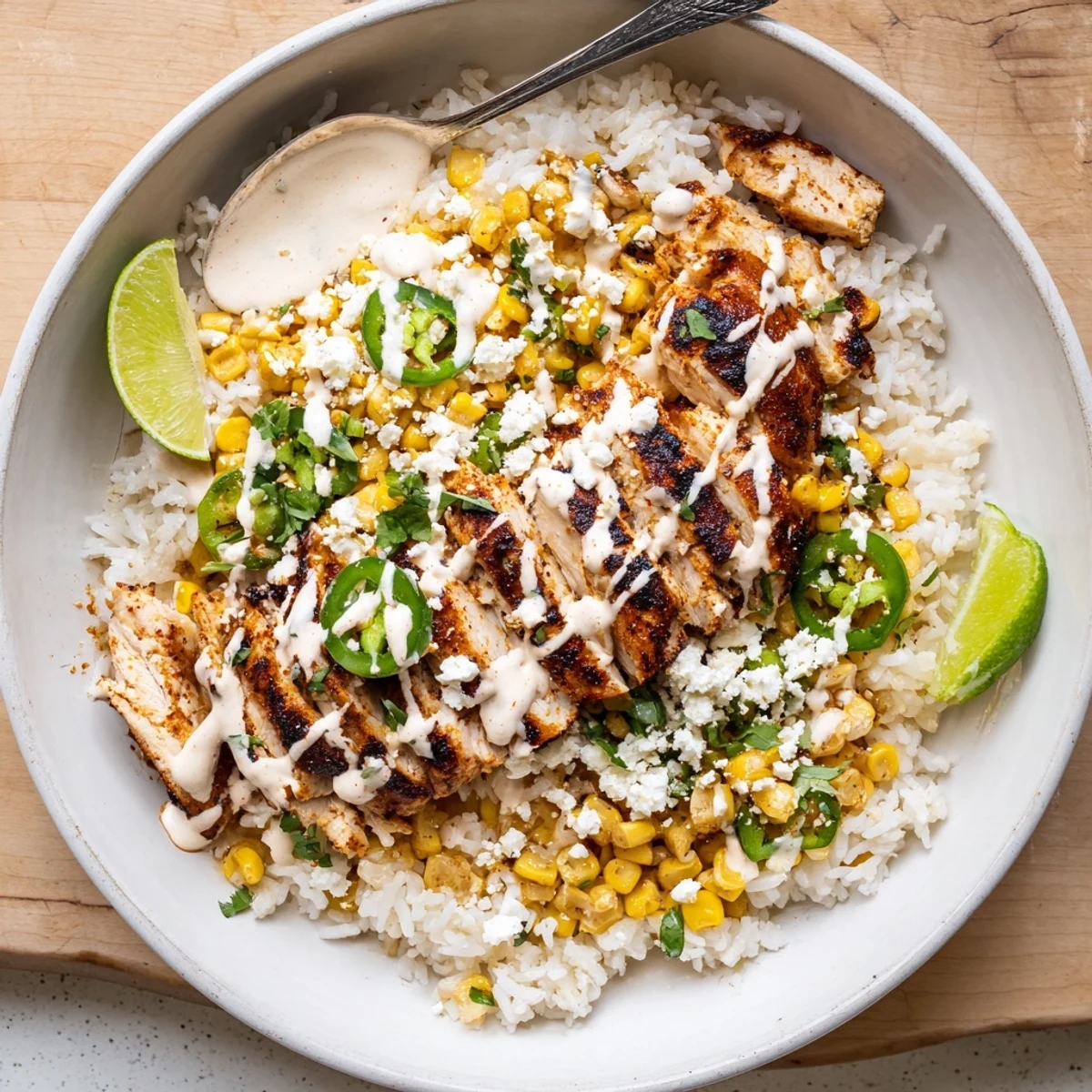 Sliced grilled chicken over fluffy rice in a vibrant street corn chicken rice bowl drizzled with creamy lime sauce.