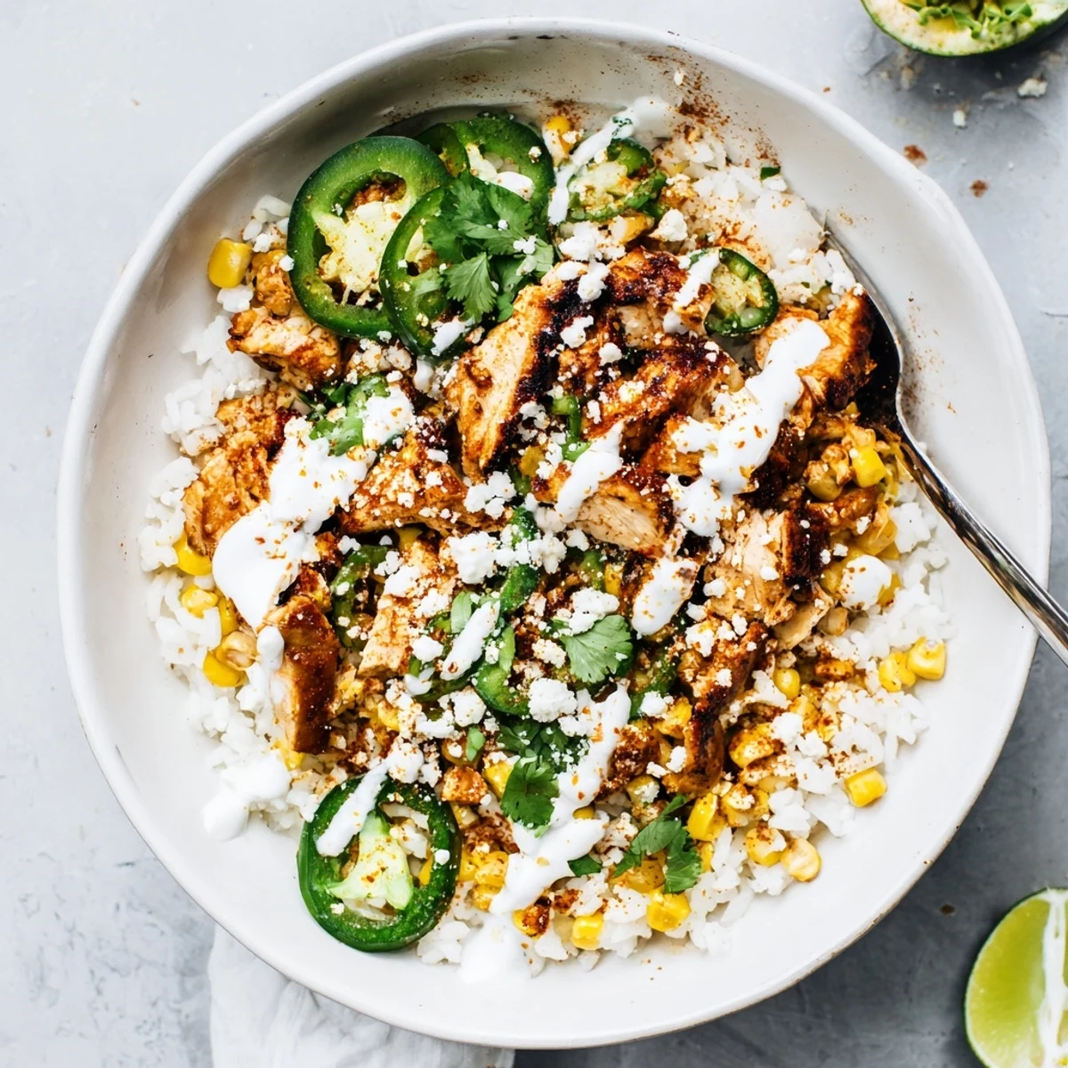 A golden street corn chicken rice bowl garnished with fresh cilantro and jalapeño beside lime wedges.