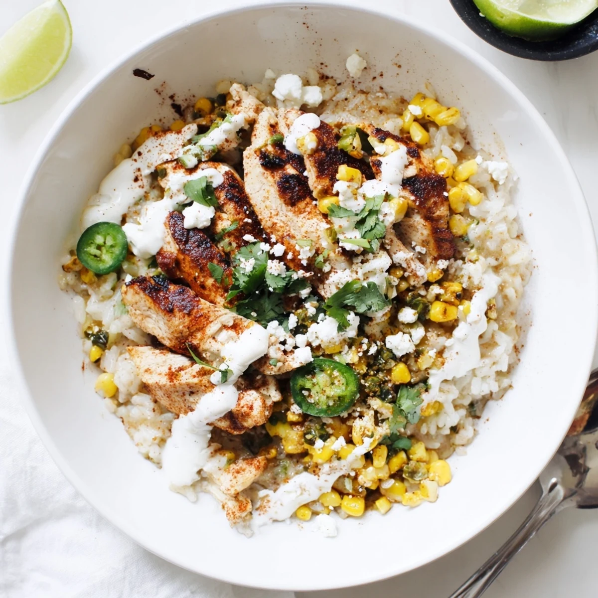 Charred corn and juicy spiced chicken layered in a street corn chicken rice bowl topped with crumbled cotija.