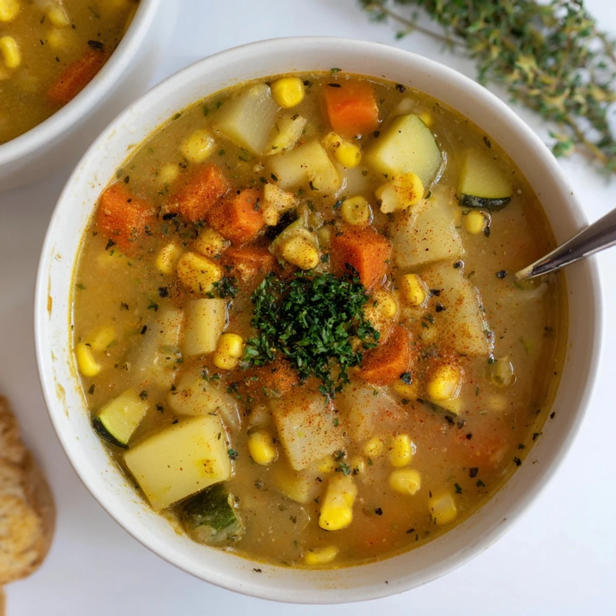 Steaming bowl of hearty potato corn zucchini soup garnished with fresh parsley.