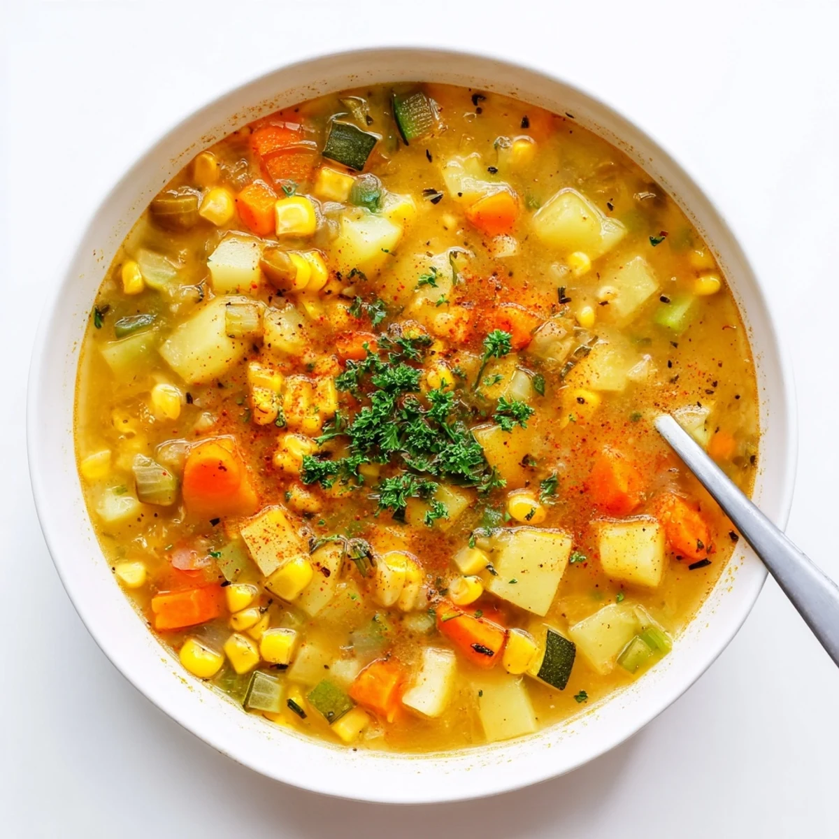 Golden corn kernels and tender diced potatoes in a creamy vegetarian soup.