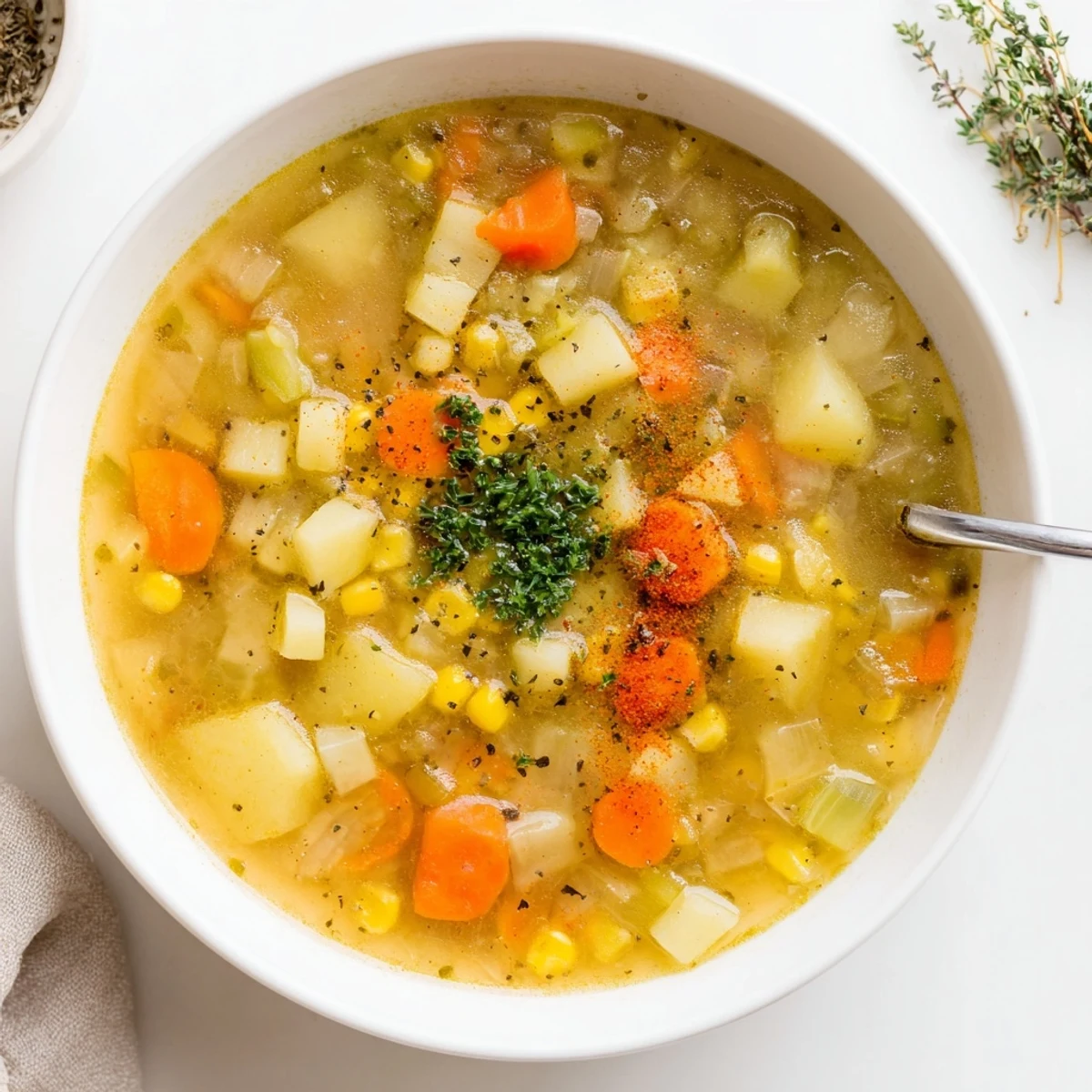 Thick hearty potato corn zucchini soup ladled into a rustic bowl, served hot.