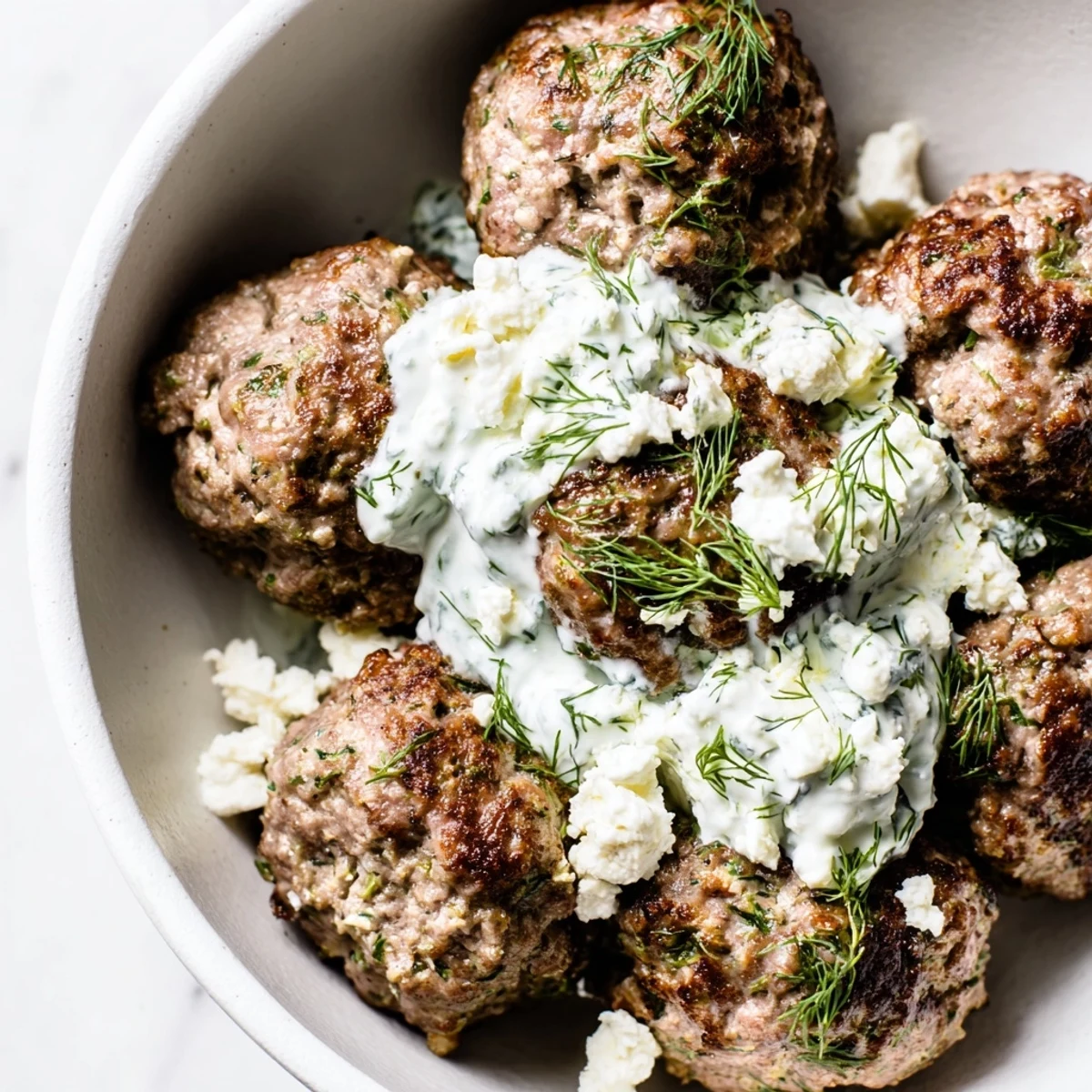 Juicy Greek meatball bowl topped with crumbled feta and creamy tzatziki sauce