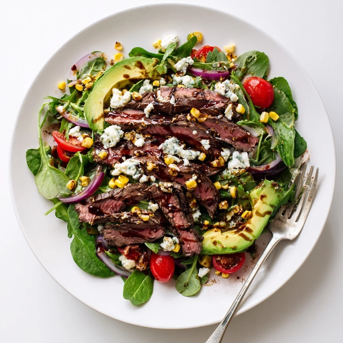 Juicy grilled steak and charred corn kernels arranged over mixed greens for a vibrant balsamic steak Gorgonzola salad with grilled corn.