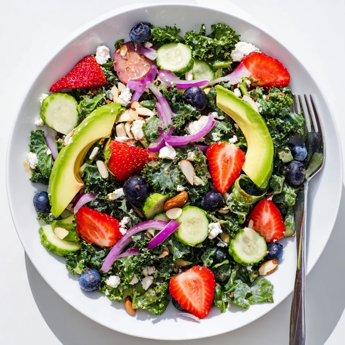 Hearty summer kale salad tossed with juicy strawberries, avocado, and crunchy almonds