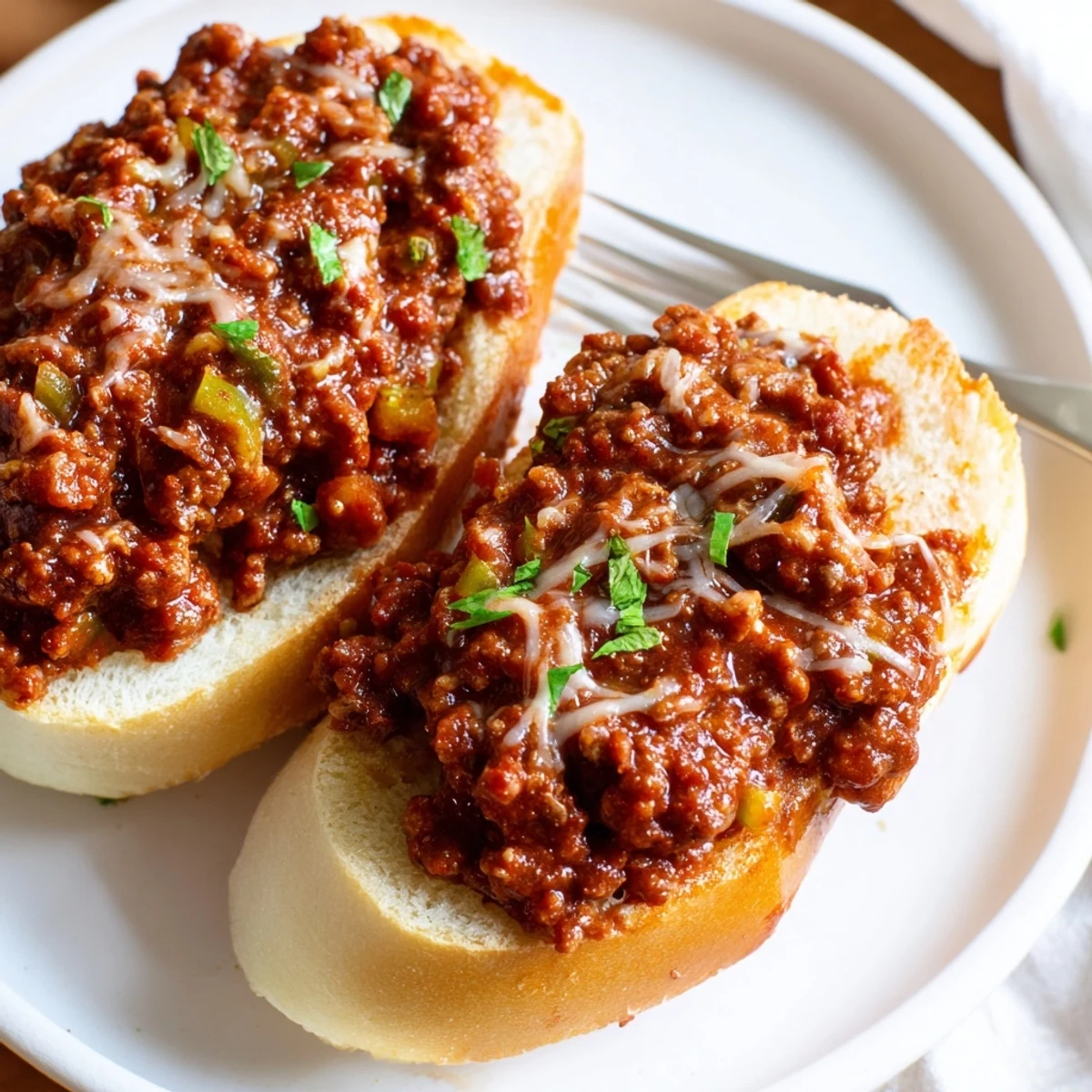 Family-friendly Garlic Bread Sloppy Joes plated with crisp coleslaw and pickles