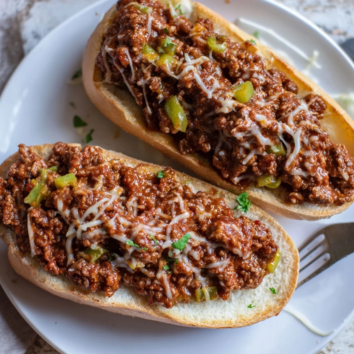 Garlic Bread Sloppy Joes piled hot on golden, buttery, garlic-toasted bread
