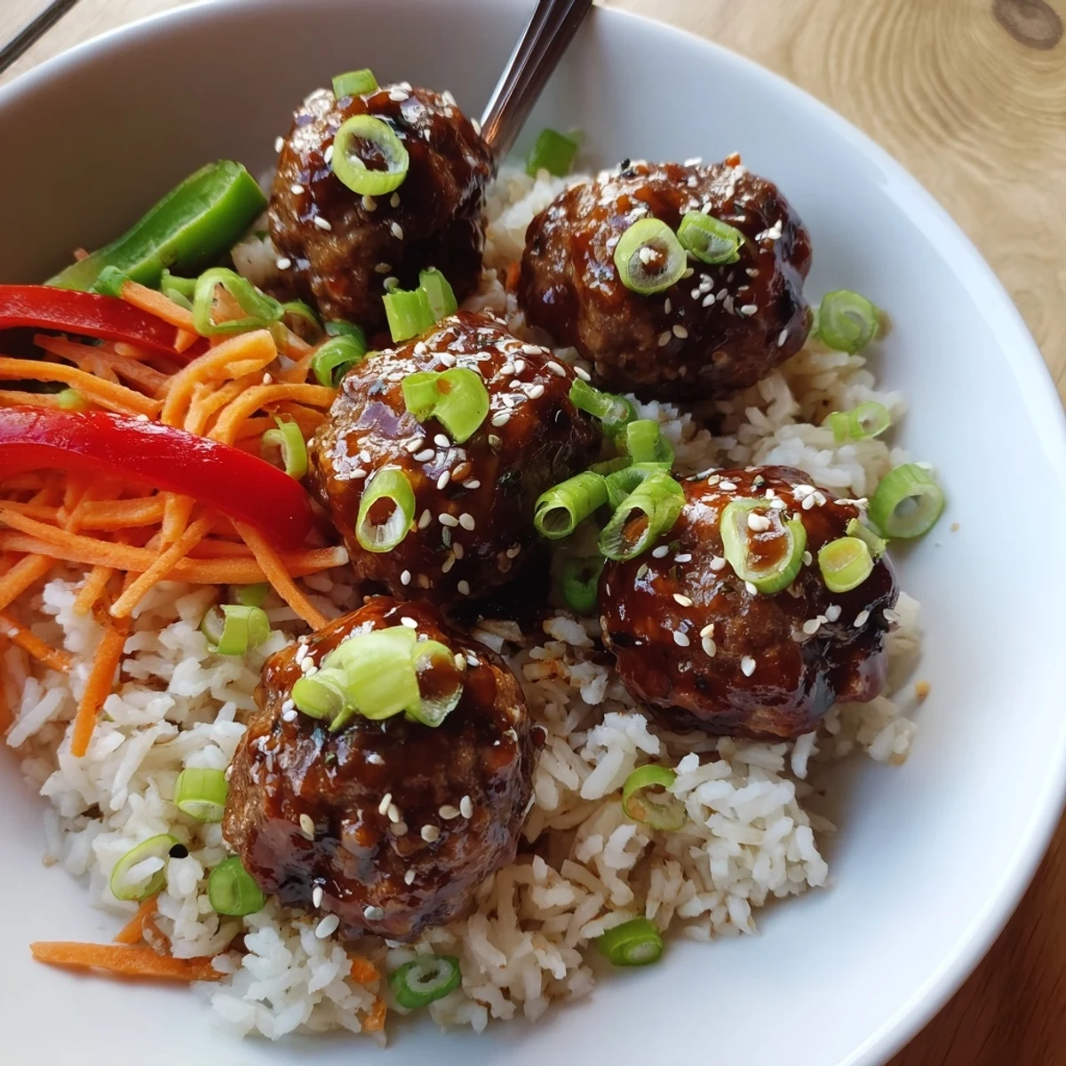 Hello Fresh Firecracker Meatballs glazed in sticky sriracha-honey sauce over steamed jasmine rice.