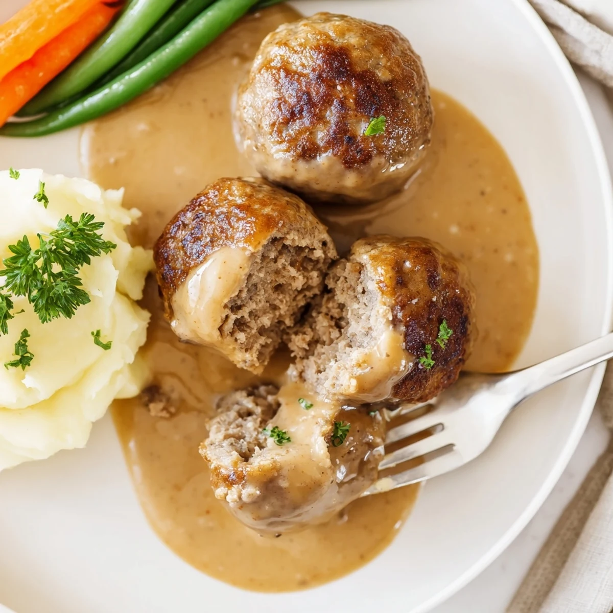 Skillet-browned Homemade Ikea Meatballs served with lingonberry jam and mashed potatoes