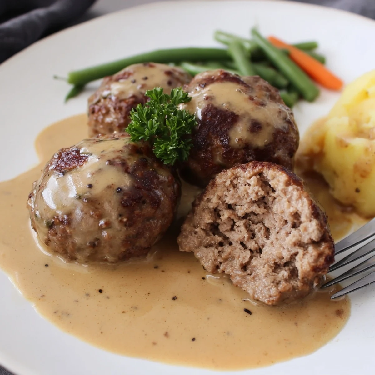 Homemade Ikea Meatballs glazed in creamy gravy, steaming over buttered mashed potatoes