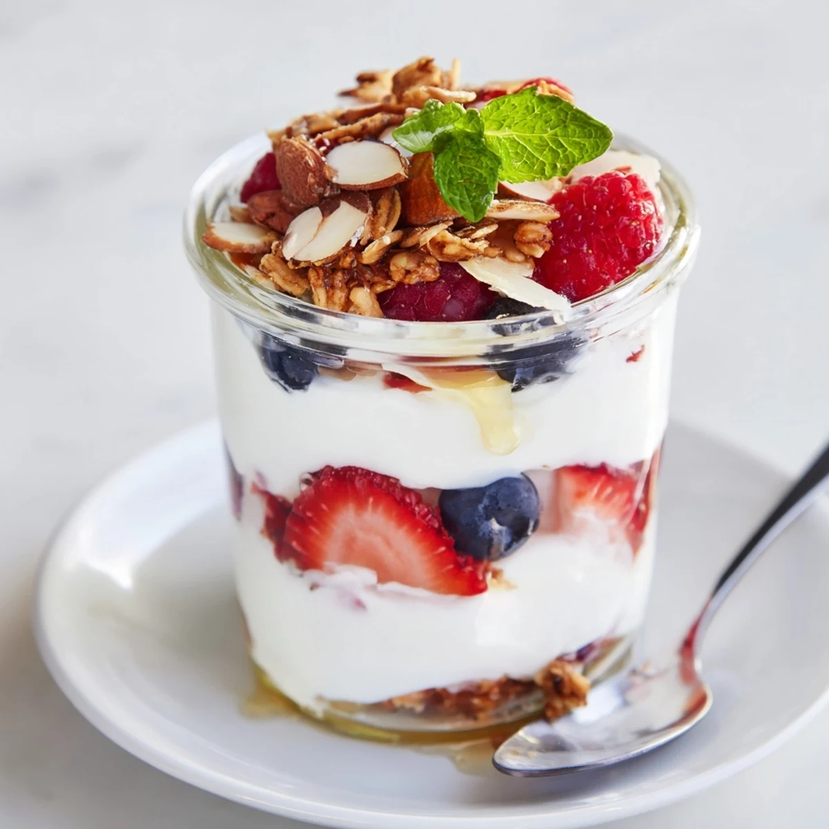Refreshing Greek Yogurt Parfait in a glass, drizzled honey, mint garnish