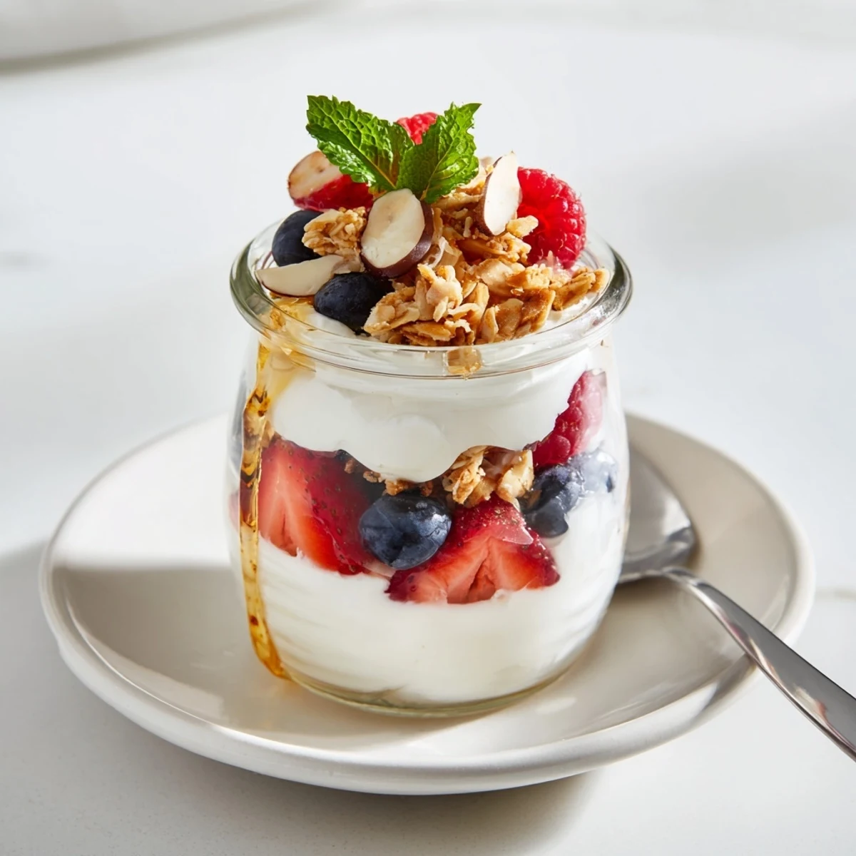 Greek Yogurt Parfait layered with creamy yogurt, juicy berries, and crunchy granola