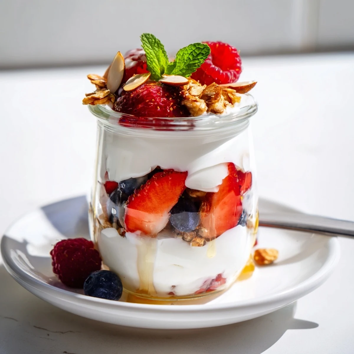 Bright Greek Yogurt Parfait with tart berries, toasted nuts, spoon ready