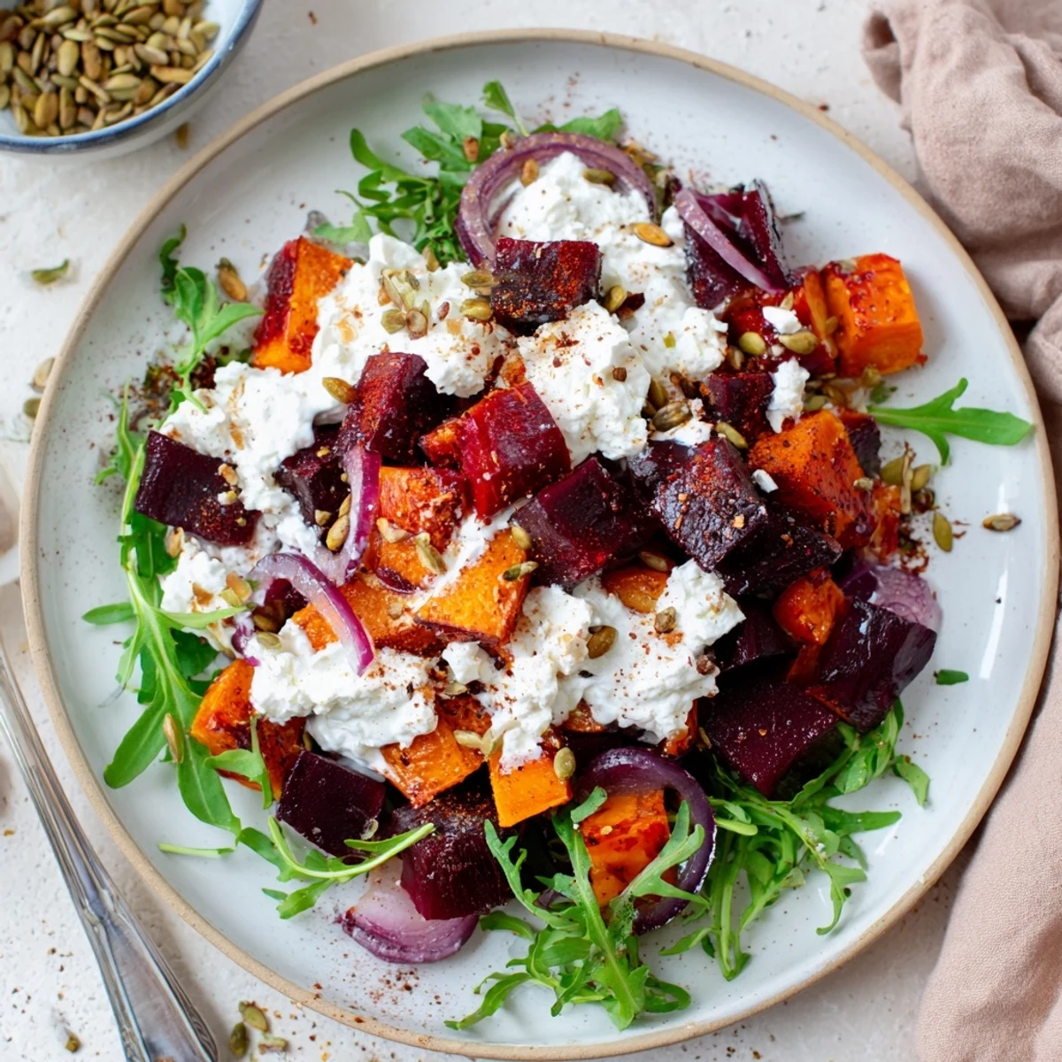 Creamy Roasted Beet Salad With Sweet Potato Feta, warm roasted veggies and tangy yogurt.