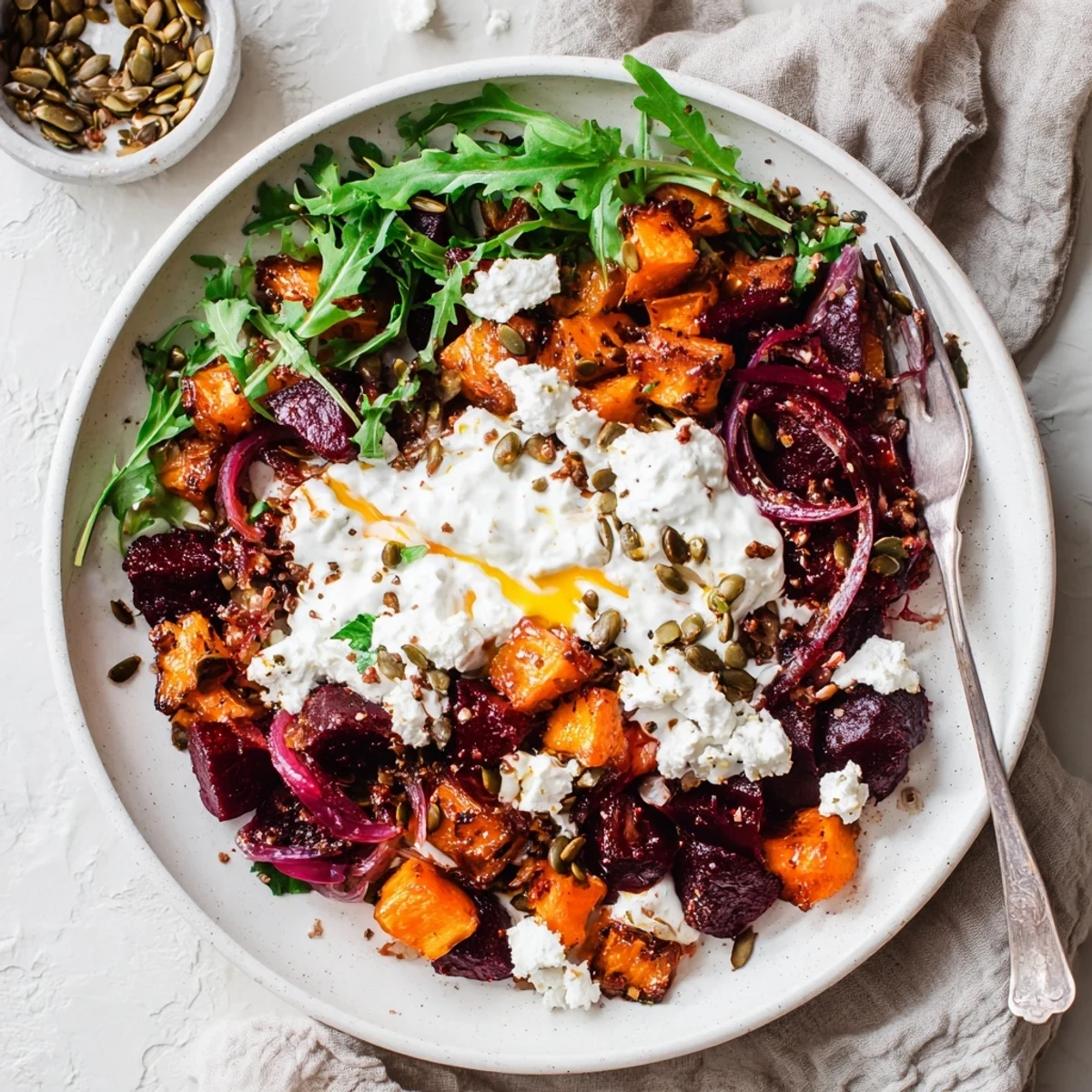 A vibrant Creamy Roasted Beet Salad With Sweet Potato Feta drizzled with yogurt.