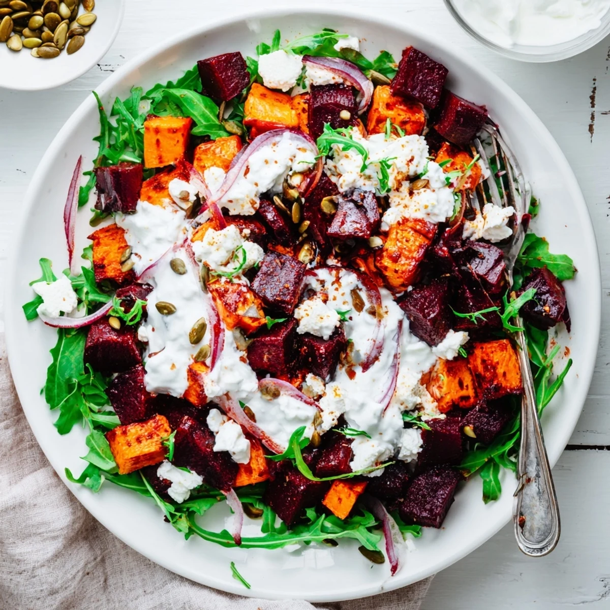 Crisp arugula topped with Creamy Roasted Beet Salad With Sweet Potato Feta.