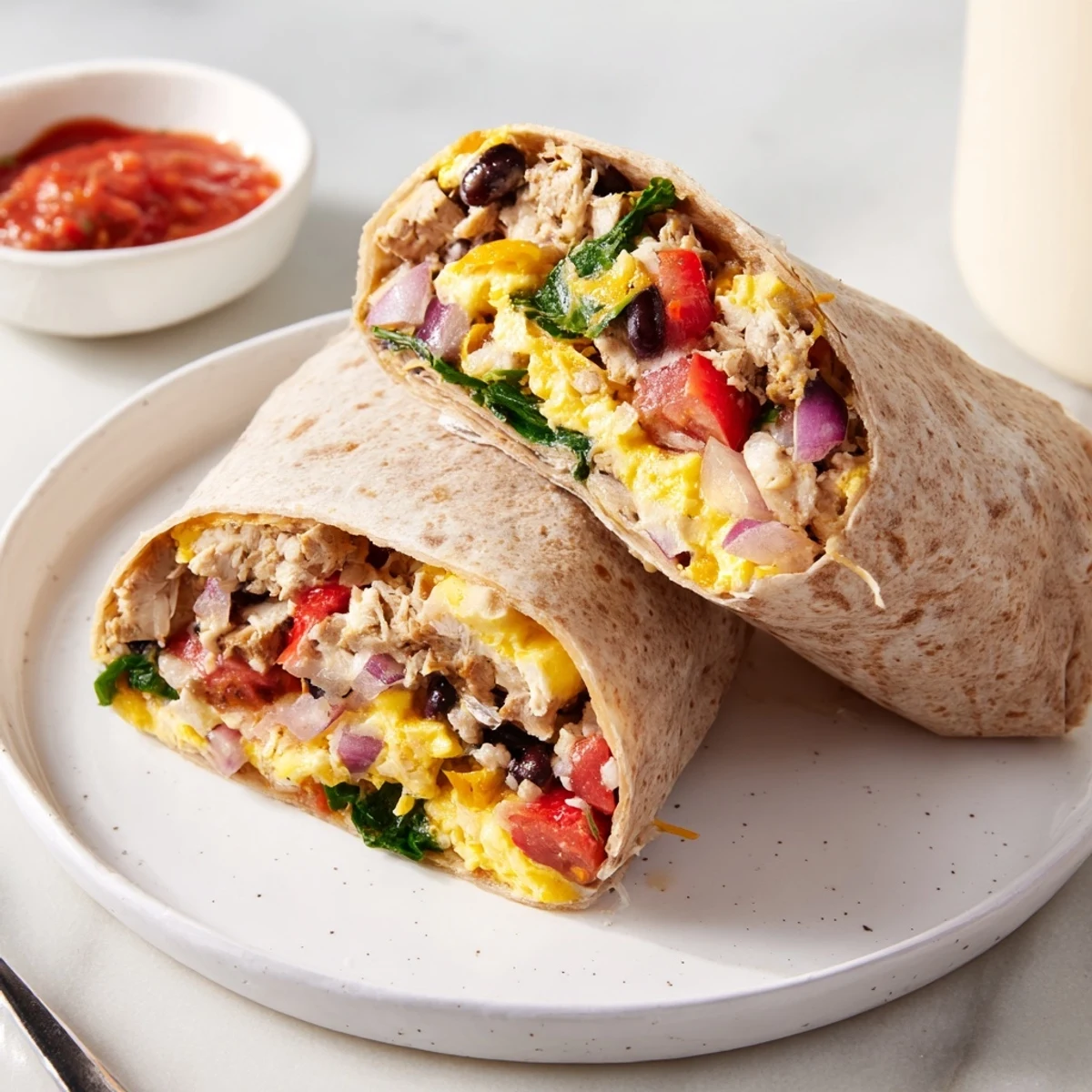 Warm Protein Breakfast Burrito wrapped in whole wheat tortilla, served with salsa
