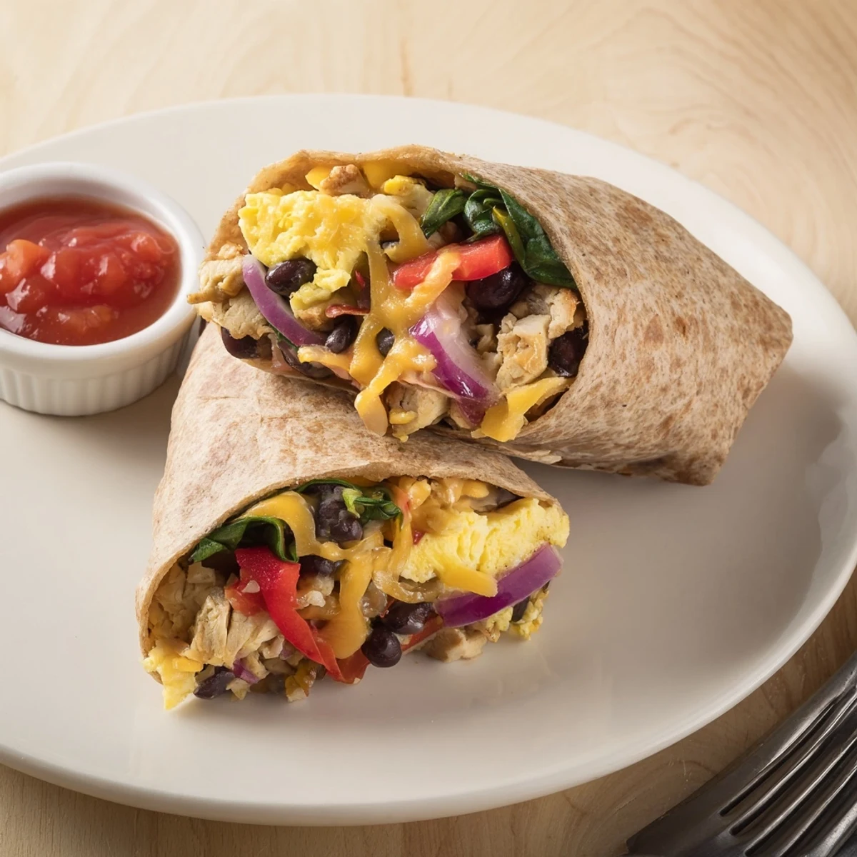 Protein Breakfast Burrito filled with scrambled eggs, turkey, melty cheddar, spinach