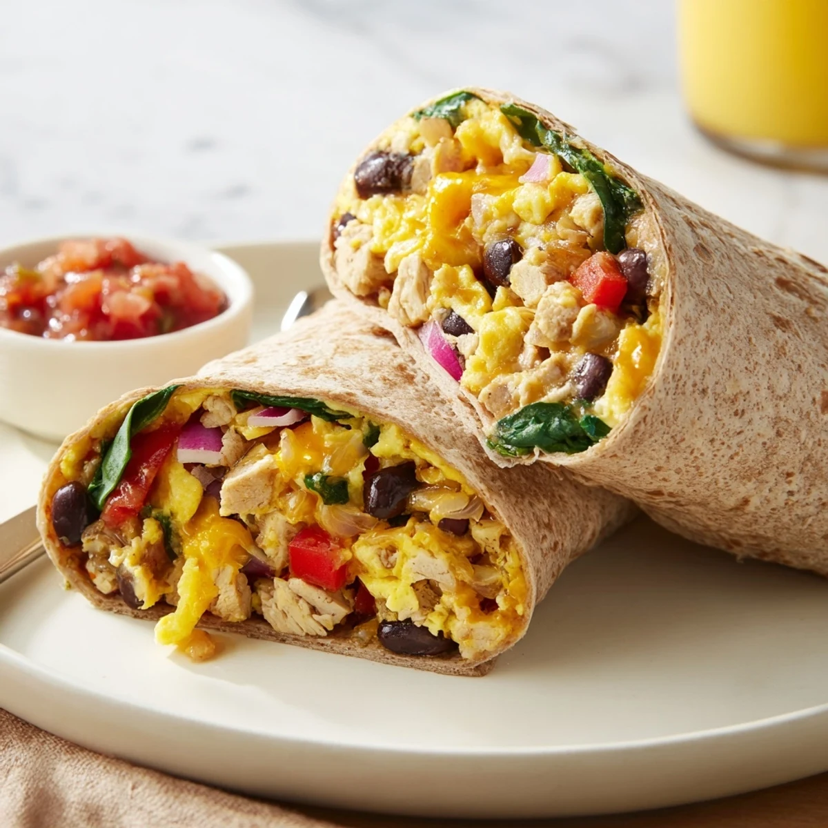 Skillet-made Protein Breakfast Burrito oozing cheddar, tender turkey, bright salsa dollop