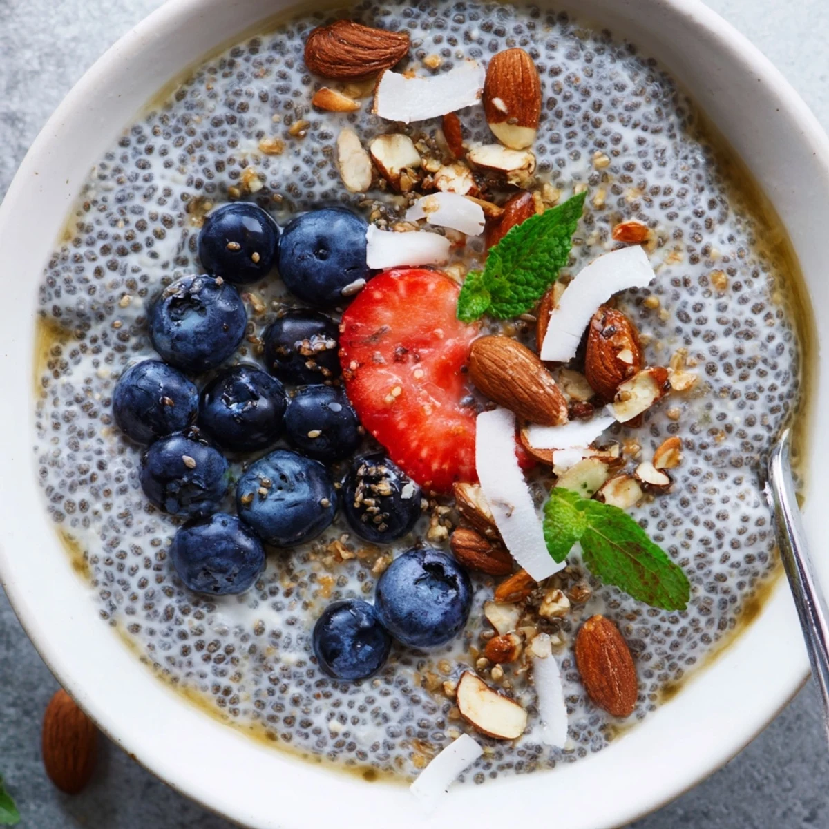 Creamy chilled Chia Seed Pudding topped with fresh berries and mint  