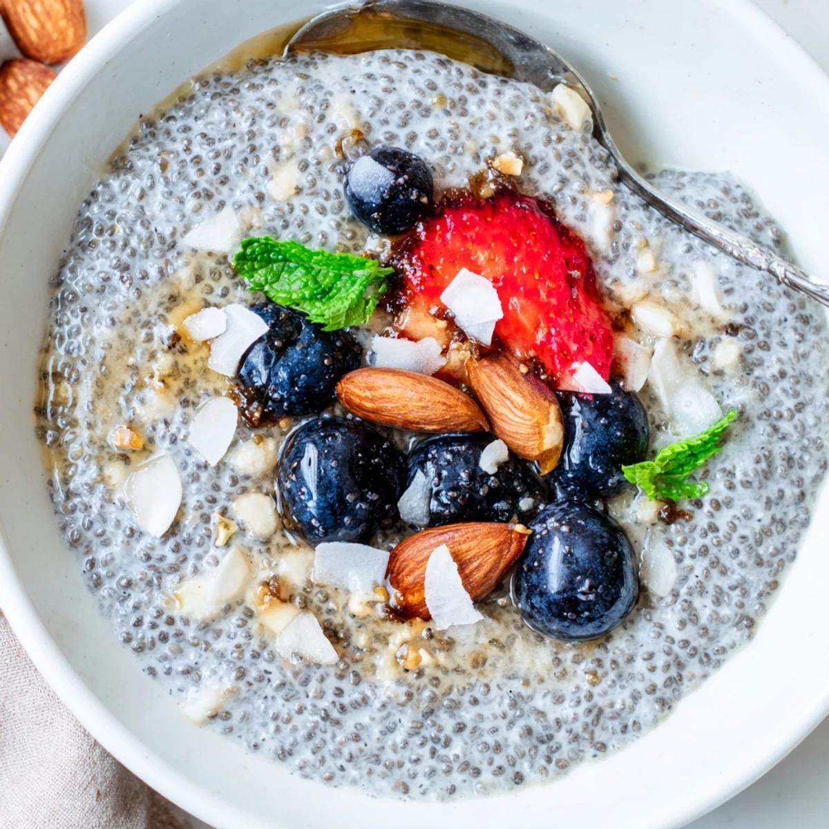 Glass jar of vanilla Chia Seed Pudding garnished with toasted almonds  