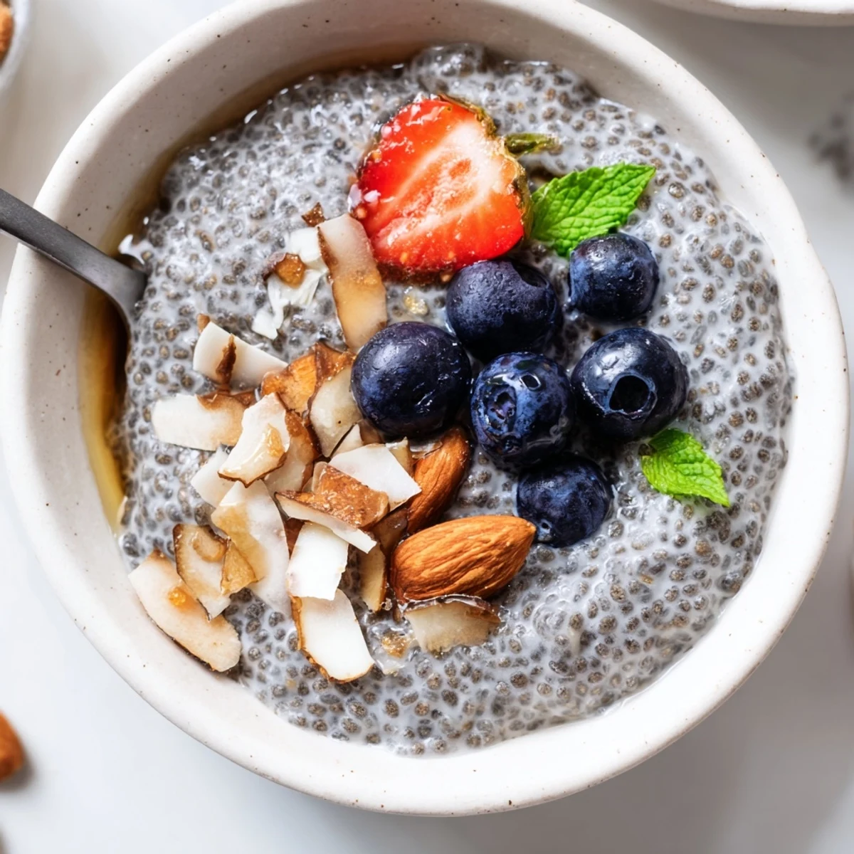 Silky vegan Chia Seed Pudding spoon beside berry compote for breakfast