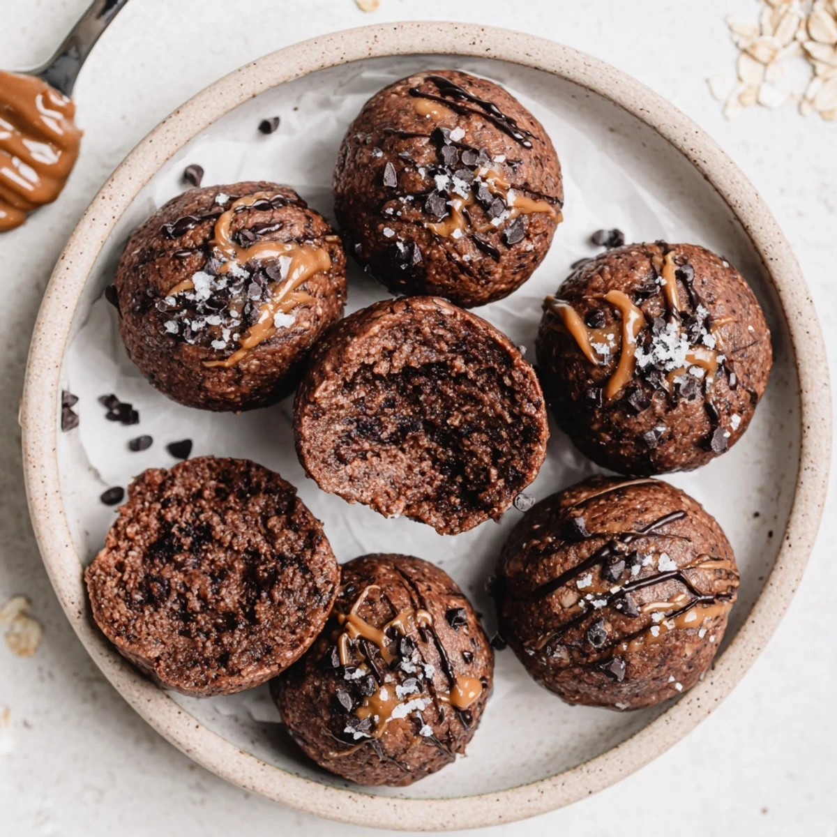 Chilled Brownie Protein Bites arranged on a plate for post-workout snack