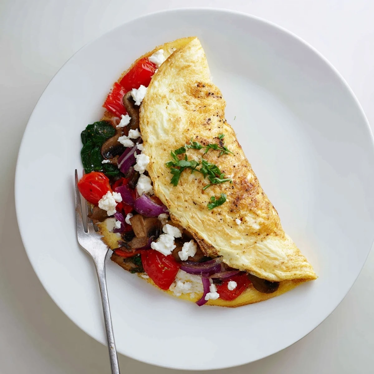 Egg White Omelette with Vegetables steaming on plate, flecks of feta  
