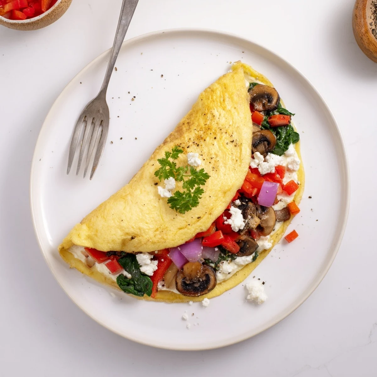Bright Egg White Omelette with Vegetables folded over cherry tomatoes, parsley garnish