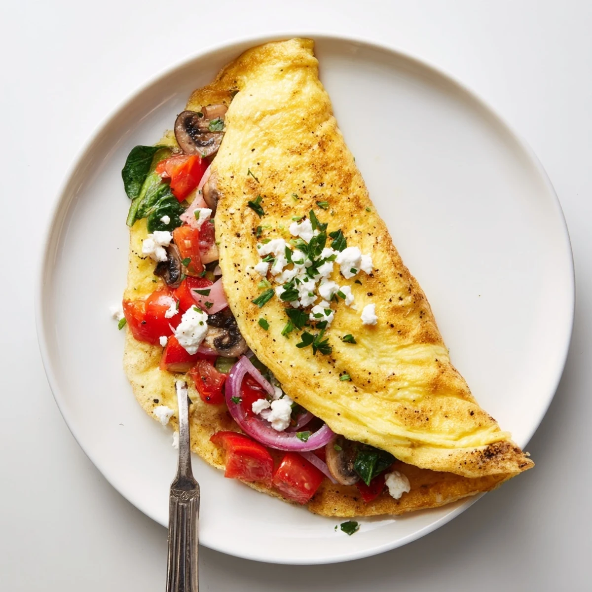 A fluffy Egg White Omelette with Vegetables, sauteed peppers and wilted spinach  