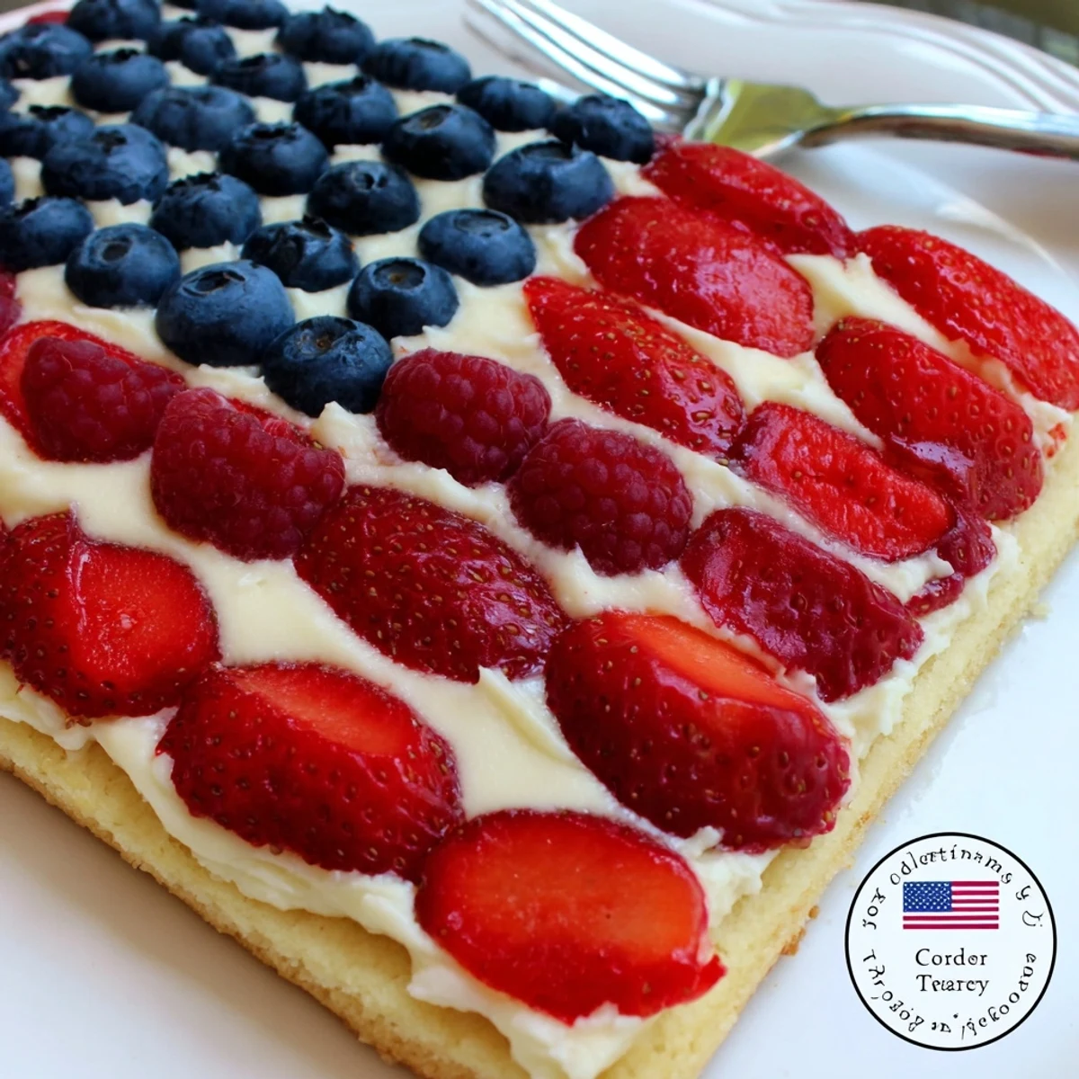 Bright Sugar Cookie Flag Fruit Pizza on parchment, cream cheese frosting peeking through