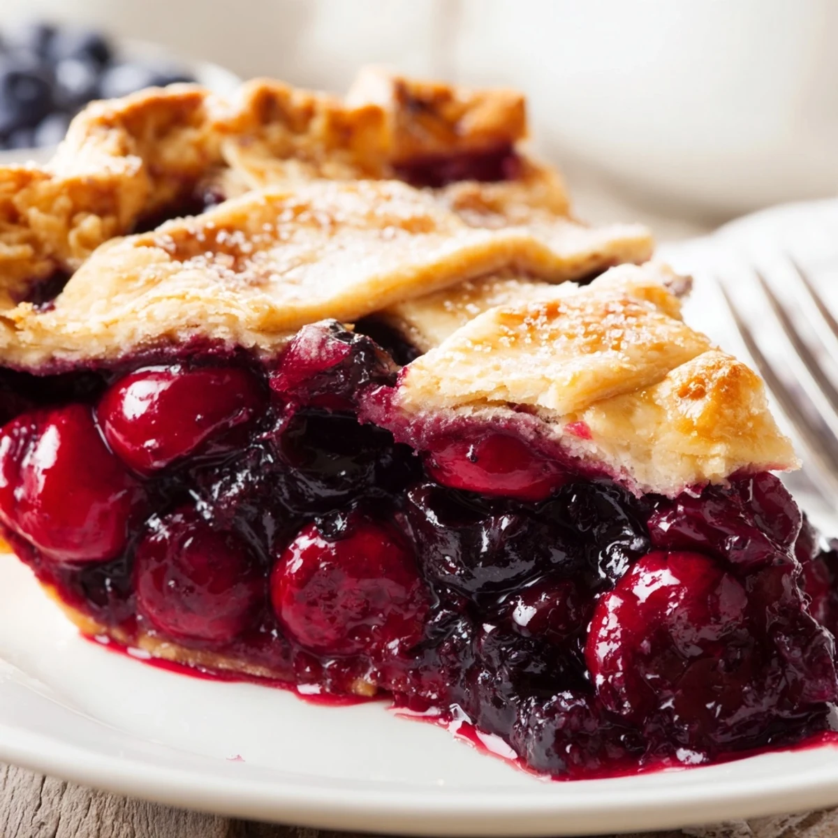 Cherry And Blueberry Pie with bubbling glossy filling and flaky golden crust