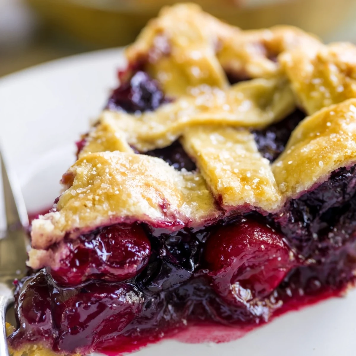 Warm Cherry And Blueberry Pie served with melting vanilla ice cream scoop