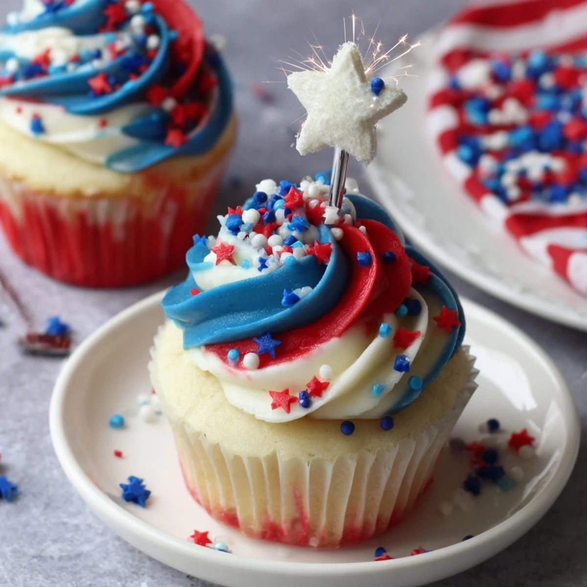 Patriotic Firework Cupcakes with tall red, white, blue swirls, sparkling sprinkles