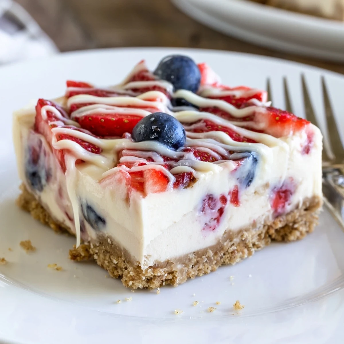 Fork-ready Patriotic Cheesecake Bars: silky cream cheese, crisp crust, vibrant berry garnish.