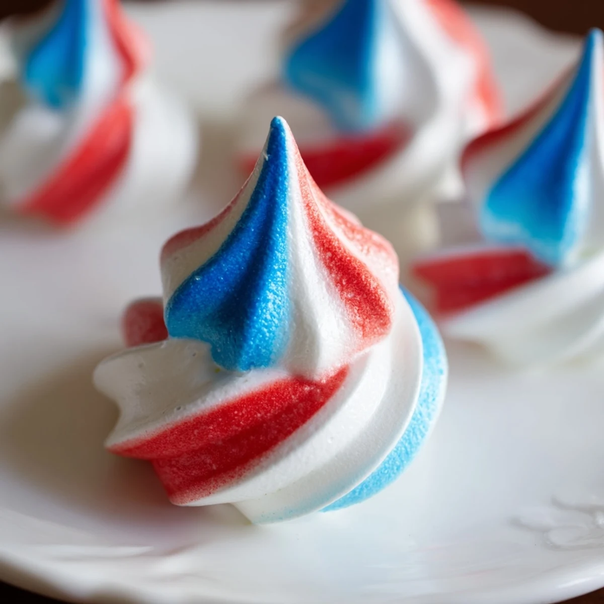 Glossy Patriotic Meringue Kisses piped with red, white, and blue swirls