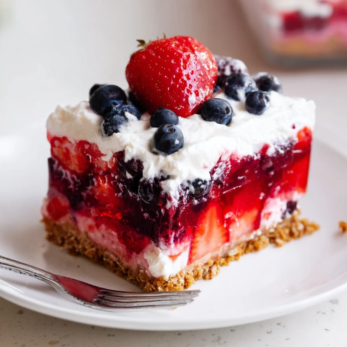 Summer Berry Jello Lasagna layered with creamy cheesecake, glossy berries, chilled