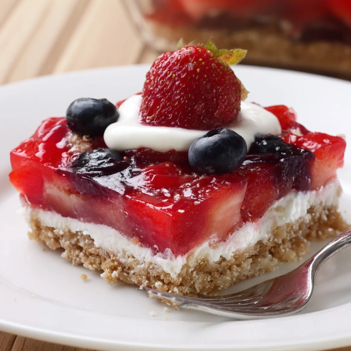 No-bake Summer Berry Jello Lasagna in a glass dish, vibrant berry aroma