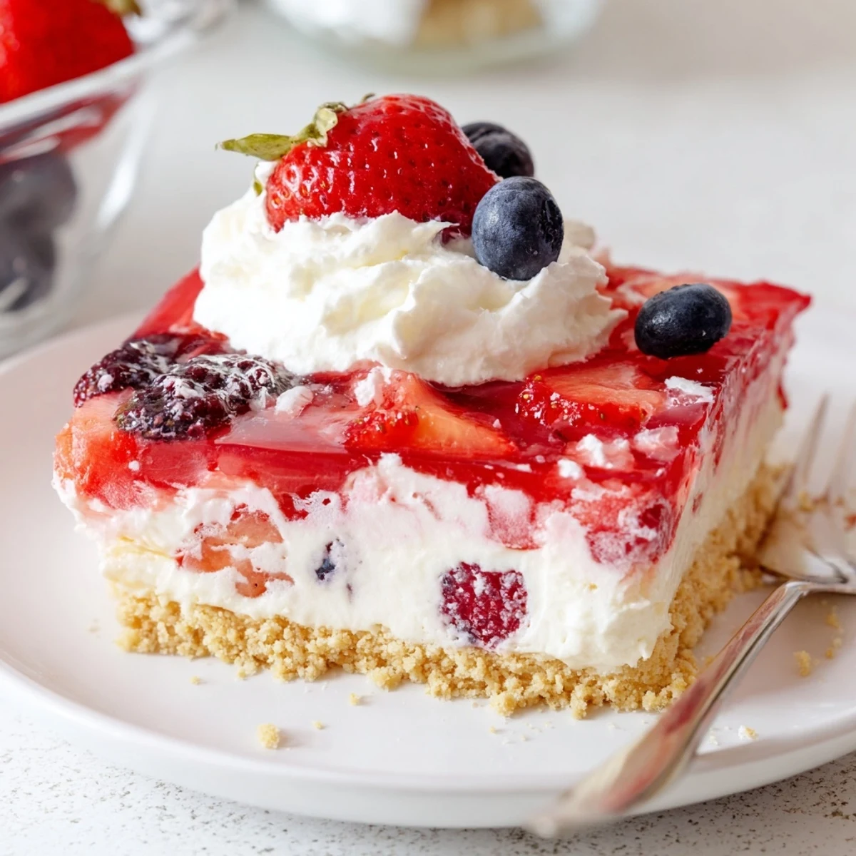 Chilled Summer Berry Jello Lasagna sliced into squares, topped with whipped cream