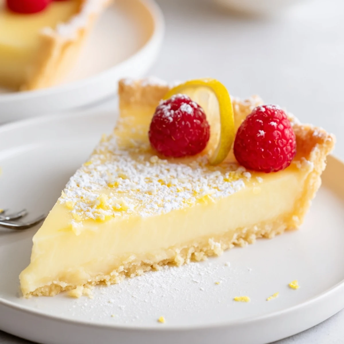 Creamy Lemon Tart Recipe with silky filling, crisp buttery crust, powdered sugar dusting
