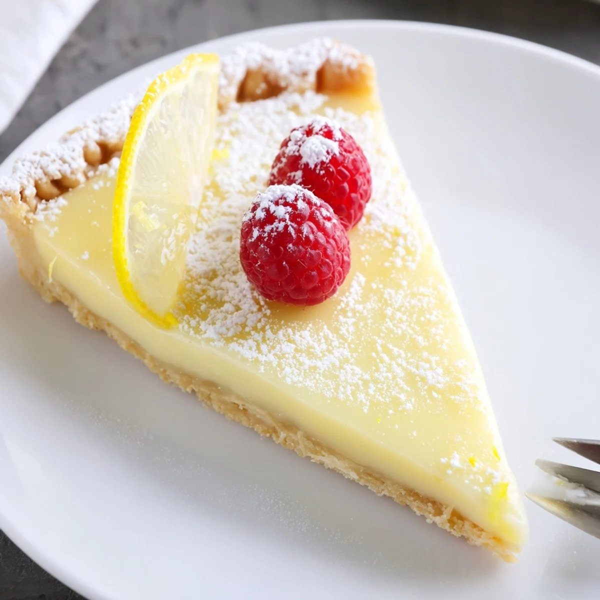 Bright zesty aroma and silky slice of Creamy Lemon Tart Recipe on plate
