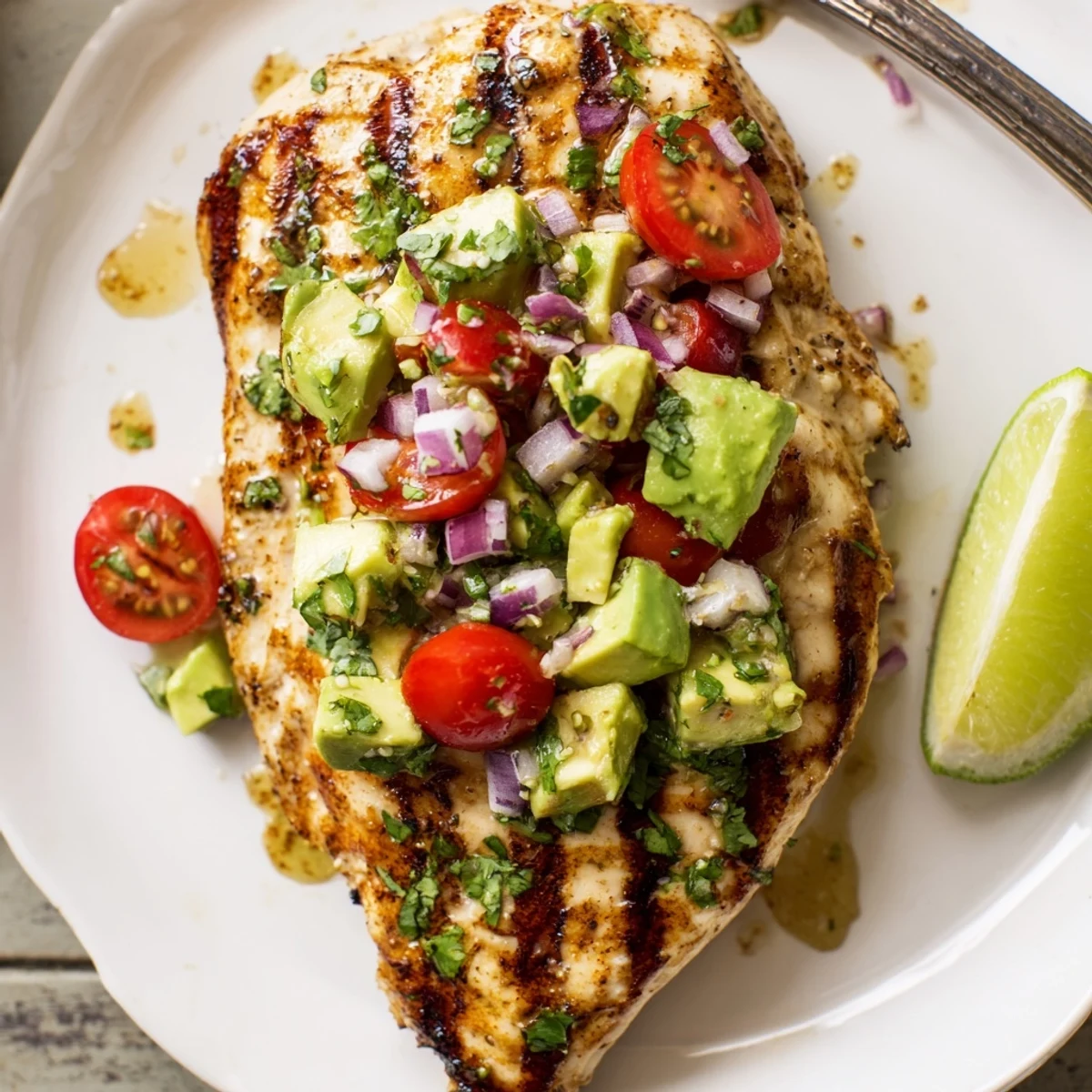 Juicy grilled Fiesta Lime Chicken With Avocado, charred edges and citrusy aroma.