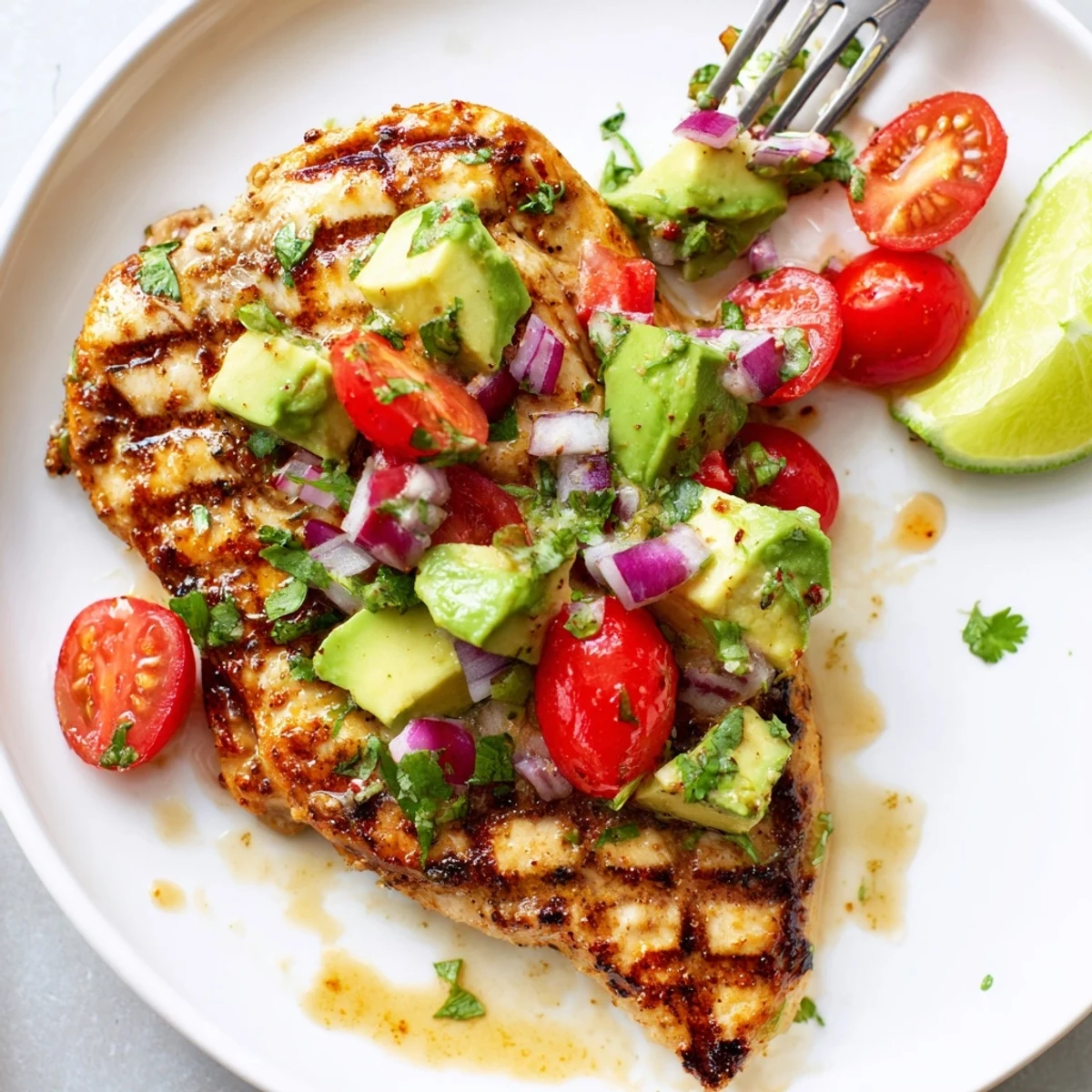 Bright cilantro and tomato salsa crown Fiesta Lime Chicken With Avocado, served warm.