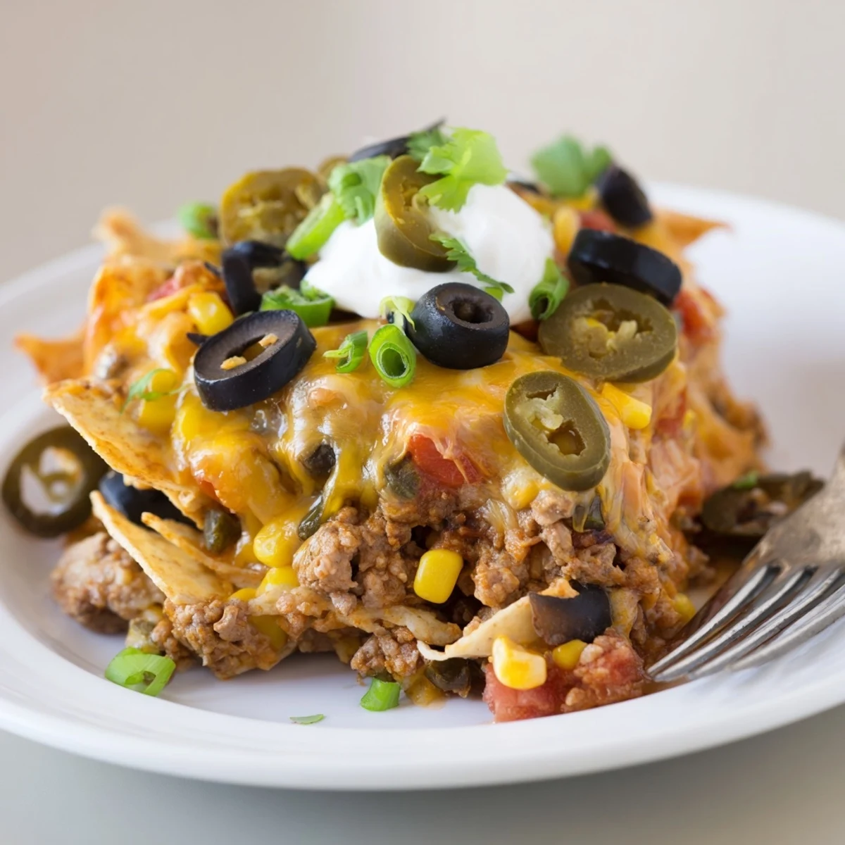Cheesy Nacho Casserole bubbling golden, layers of beef, chips, and melted cheese