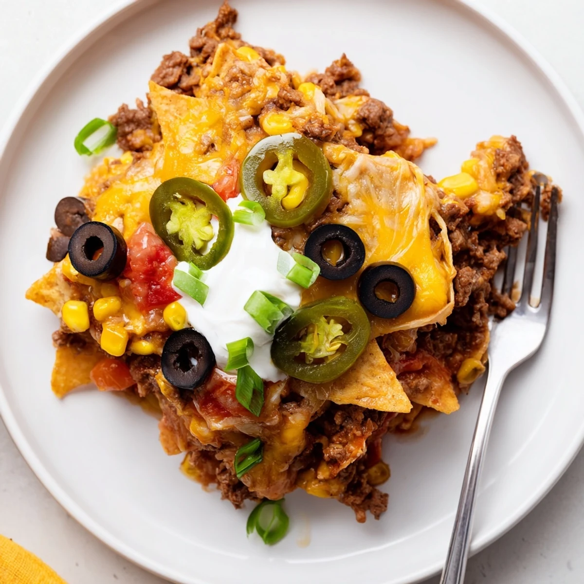 Family style Cheesy Nacho Casserole served hot with dollop of sour cream